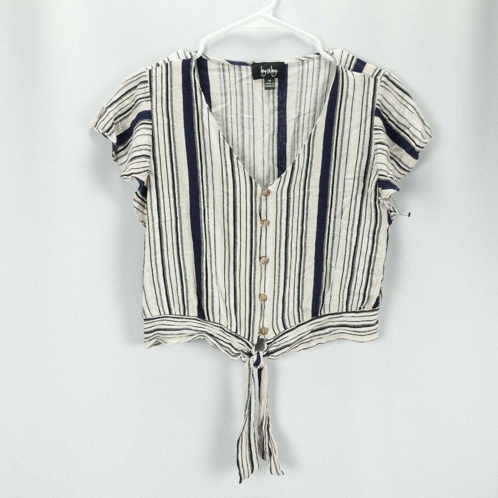BY & BY Womens Striped Top Belly V Neck Shirt Blue Size M